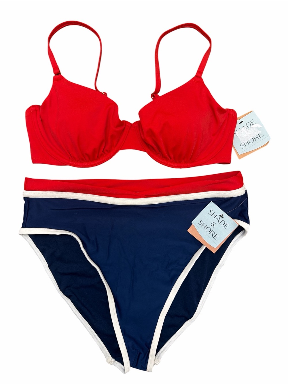Shade & Shore Red Navy White Bikini Set Size 36D / L NWT